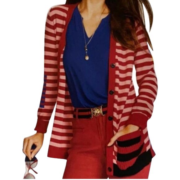 Cabi Picnic Cardigan Button Front Knit Cotton Red Pink Blue Striped Long Slv XS - Picture 1 of 14